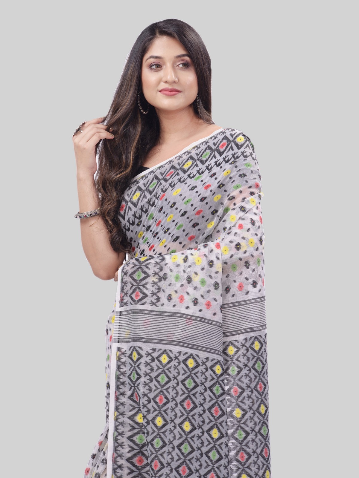 DESH BIDESH Women`S Hirokduti Resham Dhakai Jamdani Bengal Pure Cotton Handloom Saree Whole Body Design Without Blouse Piece(White Grey)